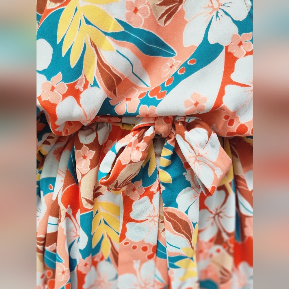 Tropical Trance Coral Tropical Floral Surplice Woven Romper - Picture 5 of 5